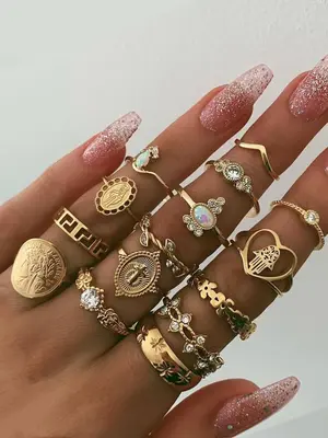 Women's Mixed Style Coin Design Rings Set, 15 Counts Summer Hollow Out & Heart & Leaf Rings, Vintage Jewelry As Gift for Girl...