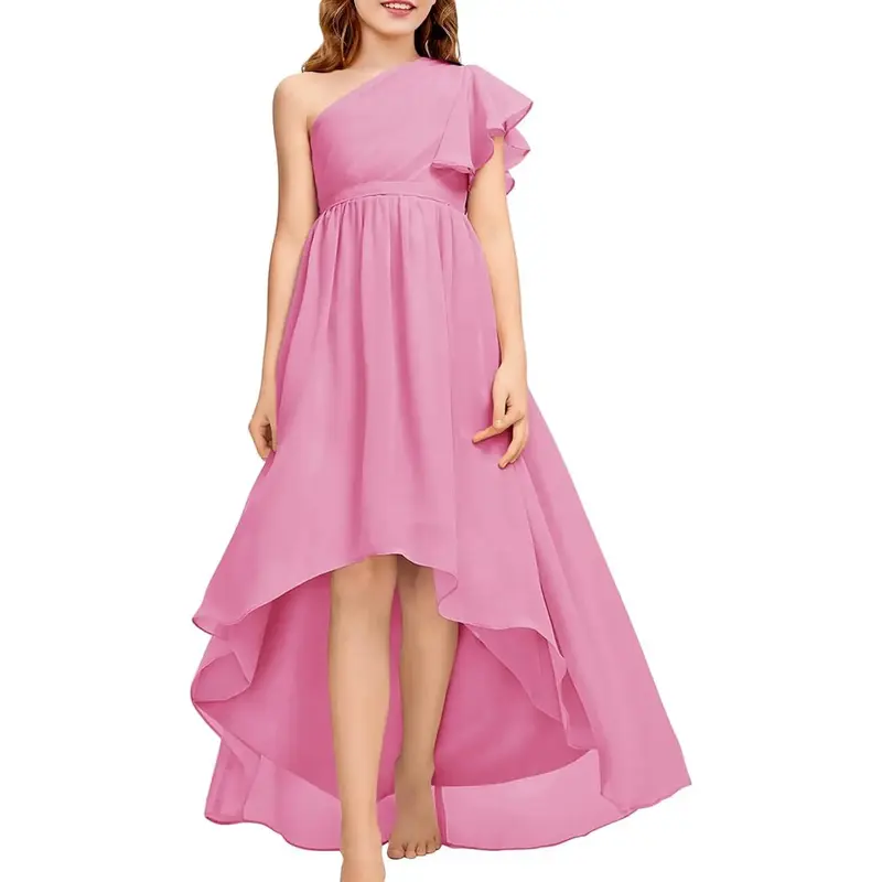 Haloumoning Flower Girls One Shoulder Ruffle Dresses Flowy A-line Twirl Sleeveless Dress Cute Wedding Prom Party Gowns