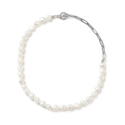 Natural Baroque Pearl Beaded Necklace with 304 Stainless Steel Paperclip Chains for Women