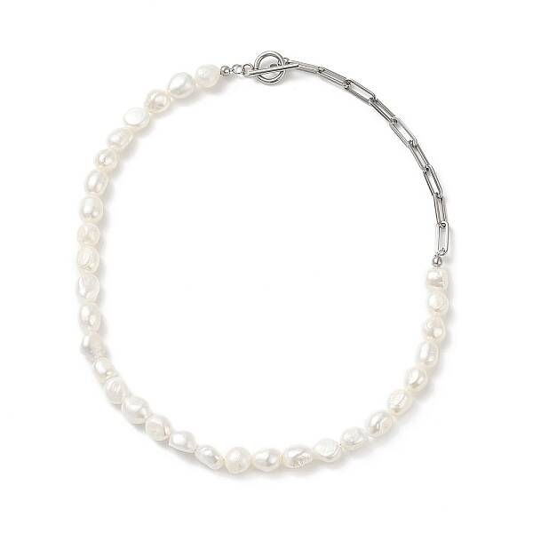 Natural Baroque Pearl Beaded Necklace with 304 Stainless Steel Paperclip Chains for Women