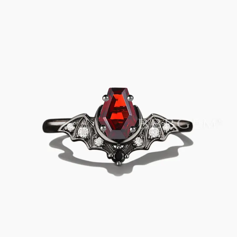 Bat Coffin Themed Natural Garnet Ring Retro Black Wedding Ring for Women