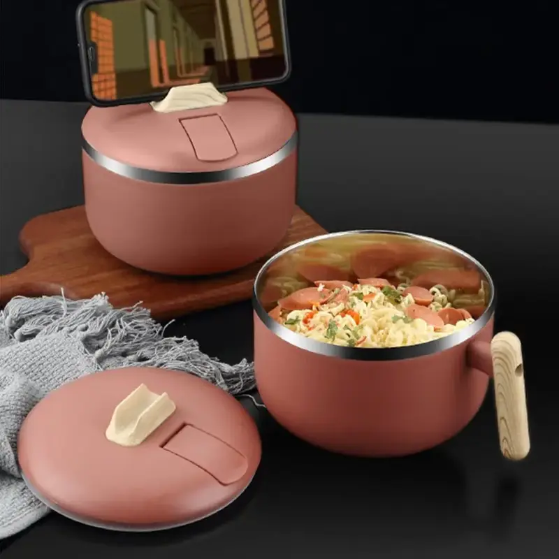 Stainless Steel Instant Noodle Bowl with Lid, 1 Count Portable Student Fast Food Cup, Lunch Box with Handle, Tableware for Ho...