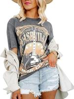 Women's Guitar & Letter Print Round Neck Tee, Casual Short Sleeve T-Shirt for Summer, Women's Top for Daily Wear