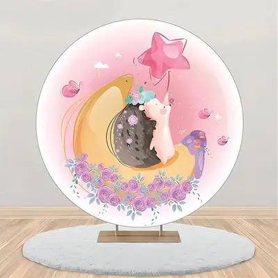 Pink Floral Moon Hedgehog Round Birthday Backdrop - Aperturee