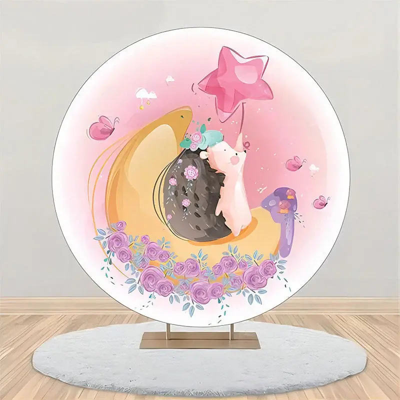 Pink Floral Moon Hedgehog Round Birthday Backdrop - Aperturee