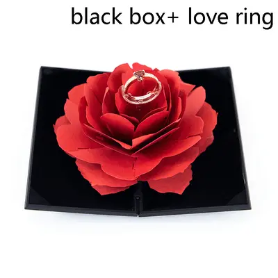 3D Love Box Heart-shaped Rose Flower Rotating Ring Box Valentines Day Gift | Color: Black box and ring
