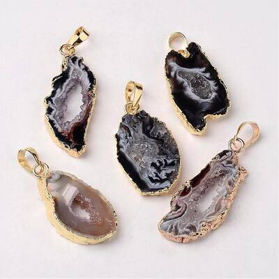 Mixed Golden Tone Brass Natural Druzy Geode Agate Slice Pendants