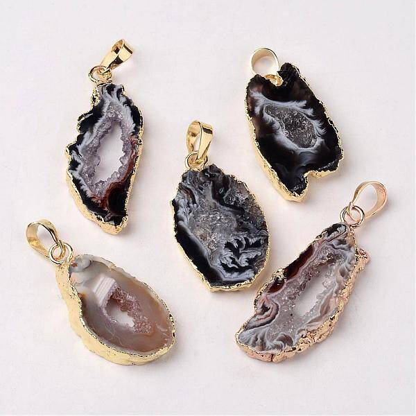 Mixed Golden Tone Brass Natural Druzy Geode Agate Slice Pendants