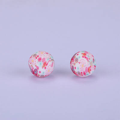Printed Round with Flower Pattern Silicone Focal Beads