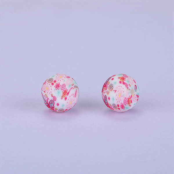Printed Round with Flower Pattern Silicone Focal Beads