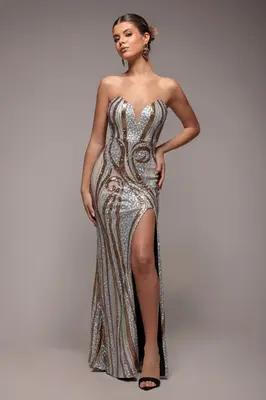 Goddiva Strapless Multi Sequin Maxi Dress - Champagne