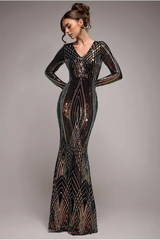 Goddiva Two Toned V Neck Sequin Maxi - Black