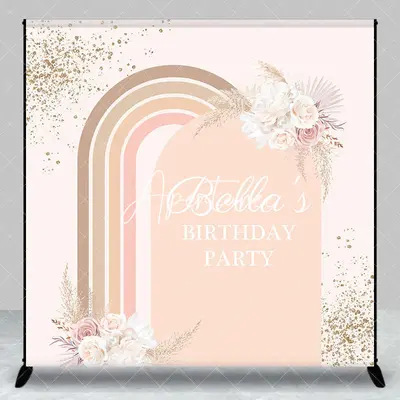 Aperturee Boho Rainbow Arch Floral Custom Name Birthday Backdrop, 3X3FT(1X1M), 15 USD, custom birthday backdrops, DZLH0F387-O
