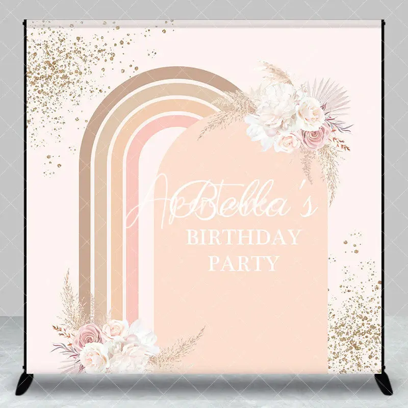 Aperturee Boho Rainbow Arch Floral Custom Name Birthday Backdrop, 3X3FT(1X1M), 15 USD, custom birthday backdrops, DZLH0F387-O