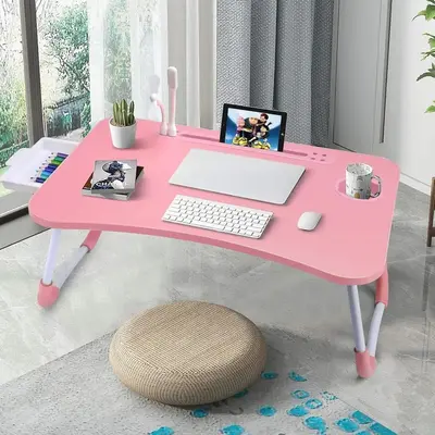1pc Oversized Portable Laptop Bed Table - Foldable & Durable Wooden Computer Tray with Cup Holder, Drawer, USB, Fan & Light -...