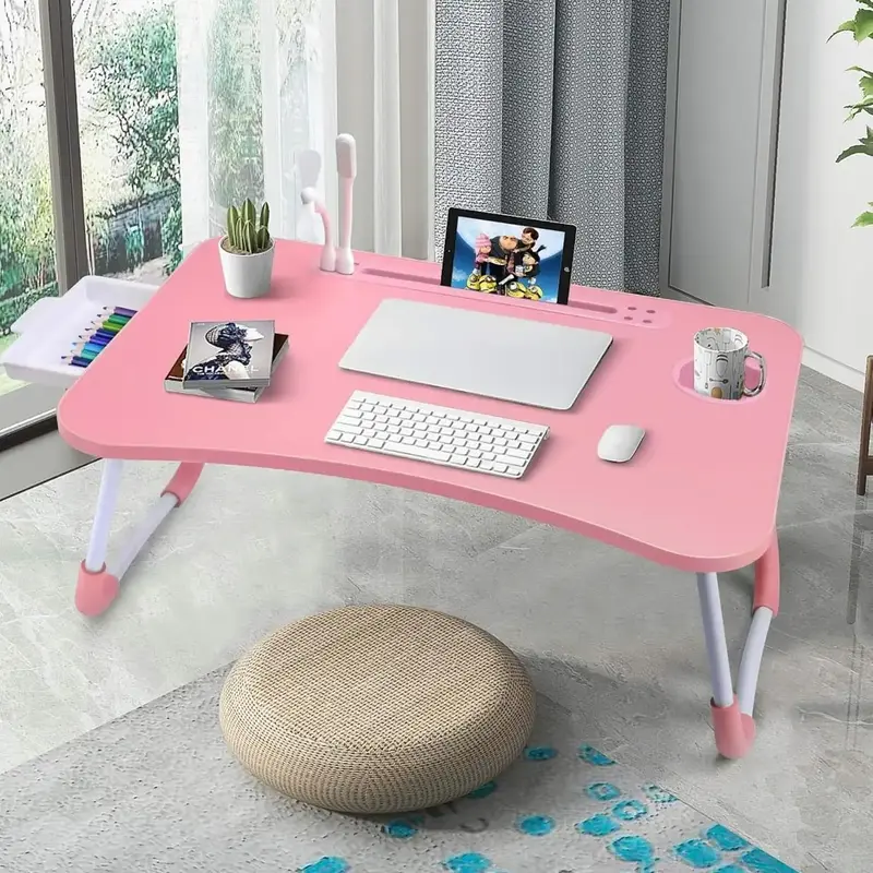 1pc Oversized Portable Laptop Bed Table - Foldable & Durable Wooden Computer Tray with Cup Holder, Drawer, USB, Fan & Light -...