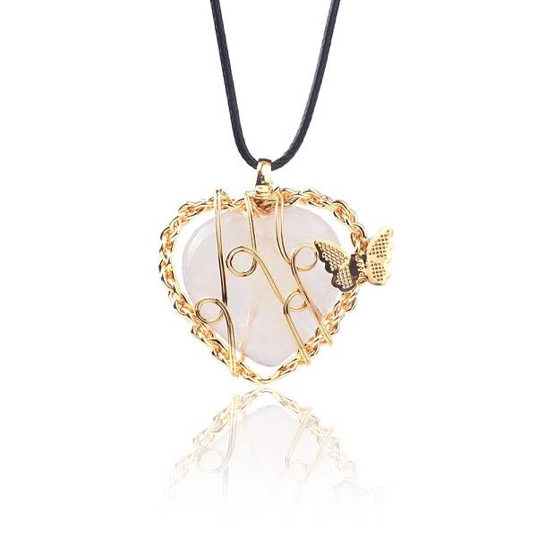 Natural Quartz Crystal Metal Wire Wrapped Heart Pendants