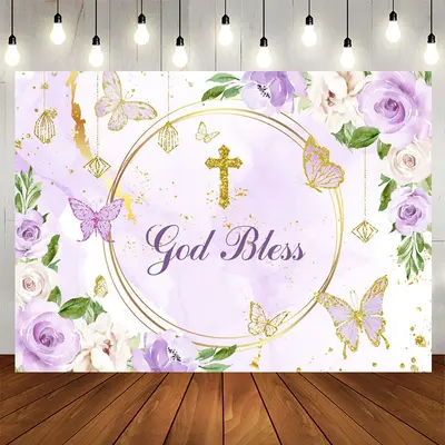 Aperturee Purple Floral Glitter God Bless Baby Shower Backdrop