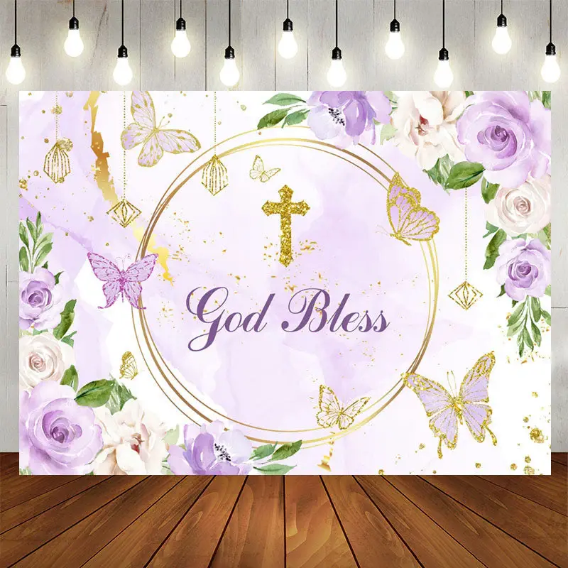 Aperturee Purple Floral Glitter God Bless Baby Shower Backdrop
