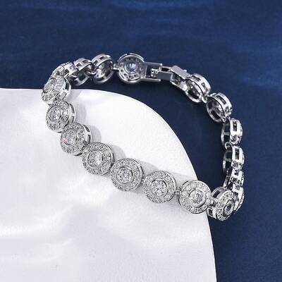 Brass Micro Pave Clear Cubic Zirconia Flat Round Link Chain Bracelets for Women