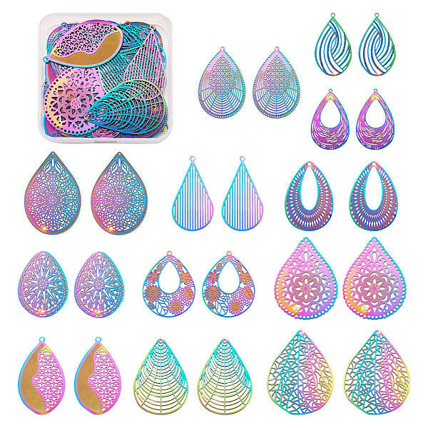48 Pcs 12 Styles 201 Stainless Steel Filigree Pendants