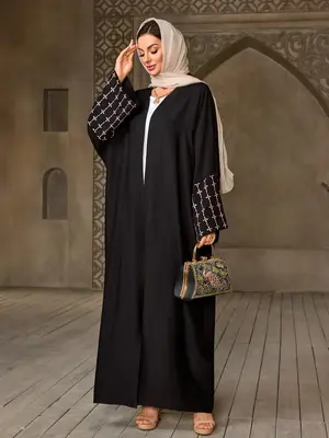 Women's Embroidery Abaya, Elegant Long Sleeve Open Front Muslim Clothing for Daily Wear, Ladies Islamic Clothing for Sprin...