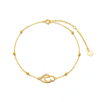 14K Gold Cubic Zirconia Interlocking Hearts Single Layer Bead Station Chain Bracelet For Women Best Friend