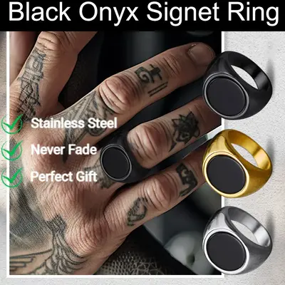 FaithHeart Round Black Onyx Signet Ring for Unisex Stainless Steel Father's Day gift