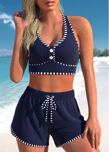 Modlily Criss Cross High Waisted Striped Navy Bikini Set - XXL