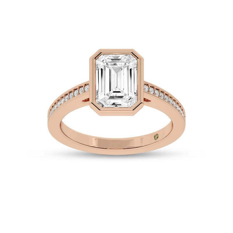Lyra Pavé Set Half Coverage Bezel Emerald Cut Lab Grown Diamond Engagement Ring | 14K Rose Gold 3 1/6 CT. TW.