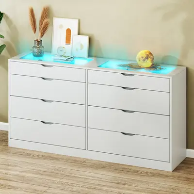 8 Drawer Dresser for Bedroom, White Dresser for Bedroom with LED, 55.1''W Chest of Drawers with Glass Top, Modern Double Wide...