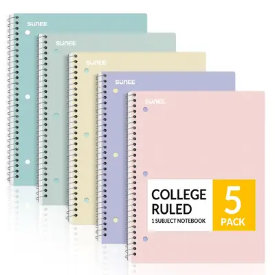 Spiral Notebooks 5 Pack 1 Subject College Ruled 70 Sheets 3 Hole Punched for School Work