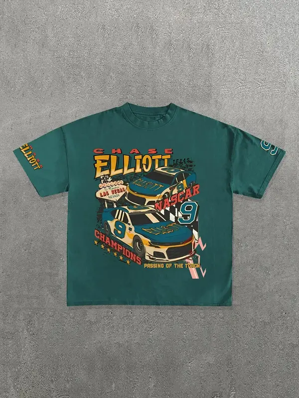 Men's Car & Letter Print Round Neck Tee, Loose Street Fashion Short Sleeve T-shirt for Summer, Men's Top for Daily Wear, Stre...