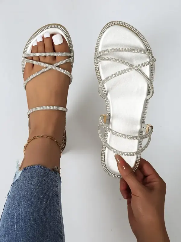 Women's 1 Pair Rhinestone Decorated Slip on Sandals, Fashionable Open Toe Sandals for Beach Vacation, Casual Versatile Shoes ...