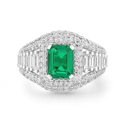 10K White Gold Emerald Cut Emerald & 2.3 CT.T.W. Lab Created Diamond Engagement Band