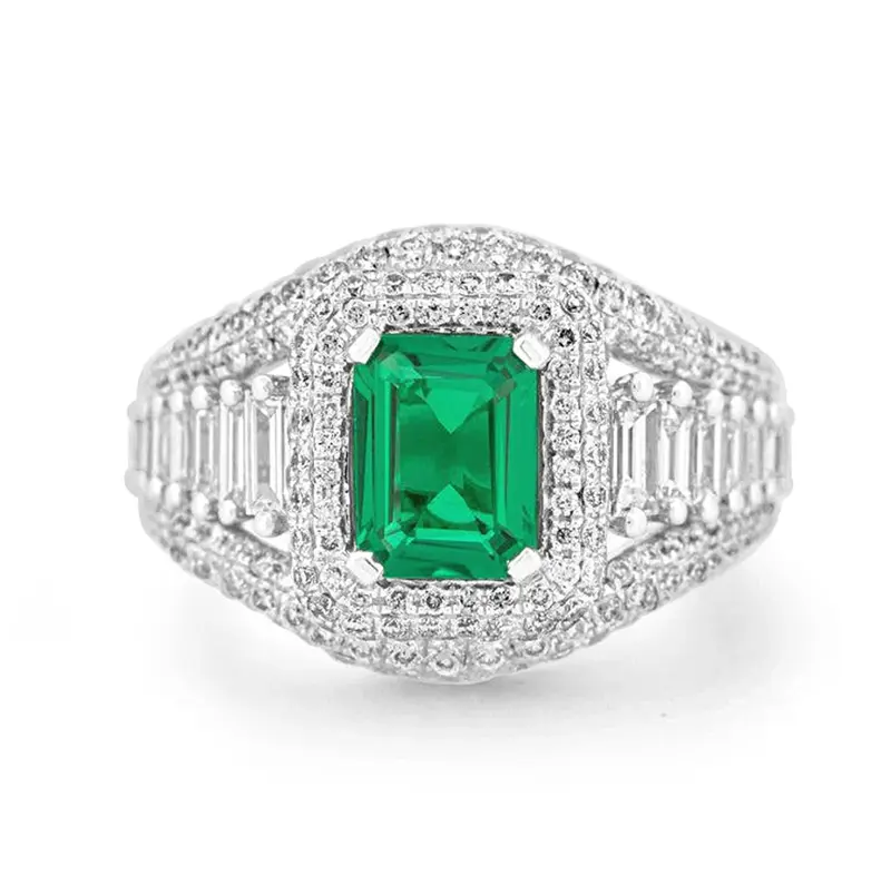 10K White Gold Emerald Cut Emerald & 2.3 CT.T.W. Lab Created Diamond Engagement Band