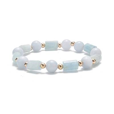 Natural Aquamarine Column & Round Stretch Bracelet for Women