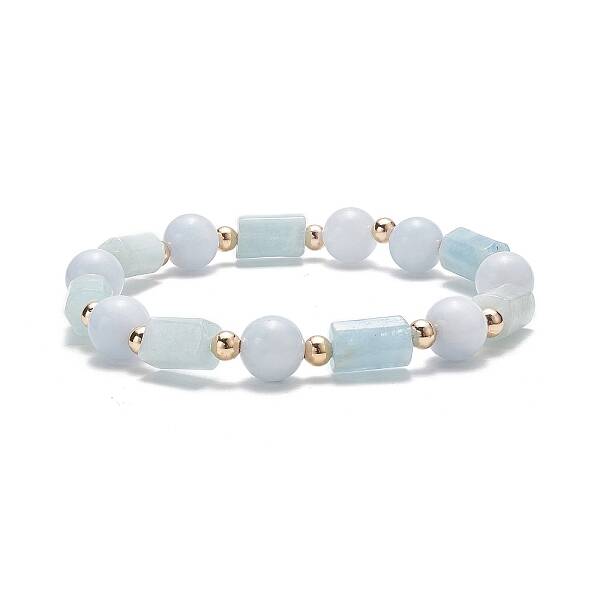 Natural Aquamarine Column & Round Stretch Bracelet for Women