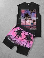 Two-Piece Set Men's Coconut Tree Print Tank Top & Shorts Set, Regular Fit Casual Letter Graphic Sleeveless Top & Shorts, Summ...