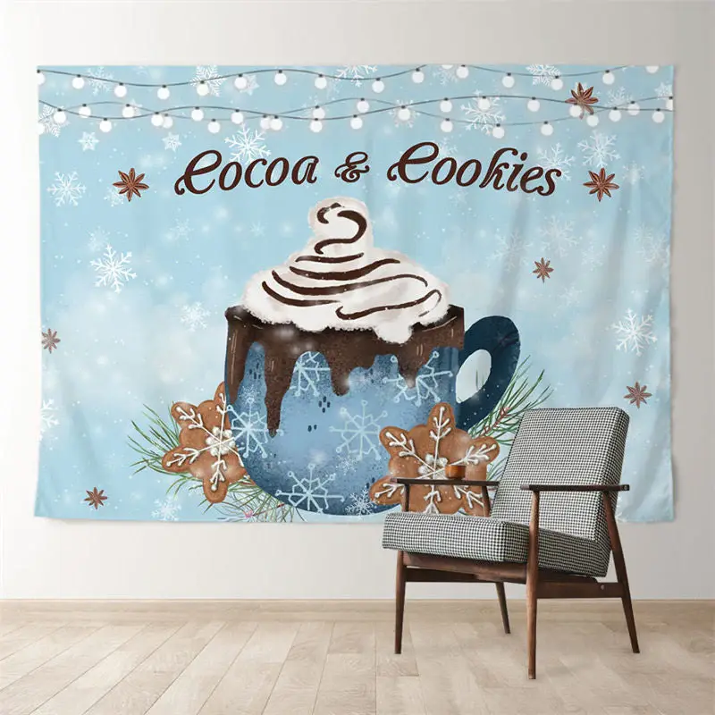 Aperturee Cocoa Cookies Snowflake Light Blue Winter Backdrop