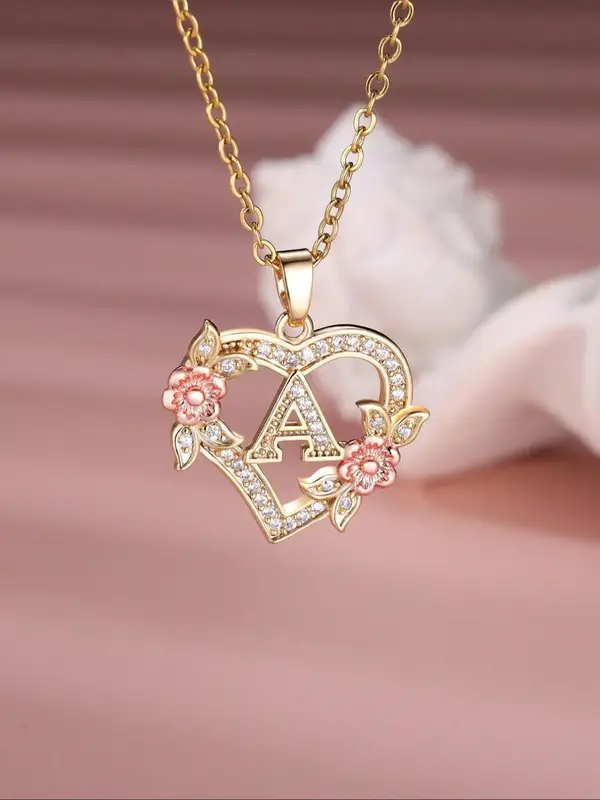 Fashion Flower & Heart Design Initial Pendant Necklace for Women for Gift, Rhinestone Decor Necklace, Girl's Gift Accessory f...