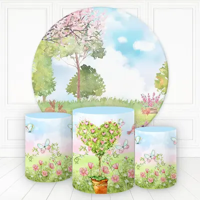 Aperturee Blossom Grass Heart Scene Round Birthday Backdrop Kit | Round Backdrop Cover Diy | Circle Background For Party | Cu...