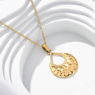 304 Stainless Steel Textured Hollow Teardrop Pendant Necklaces