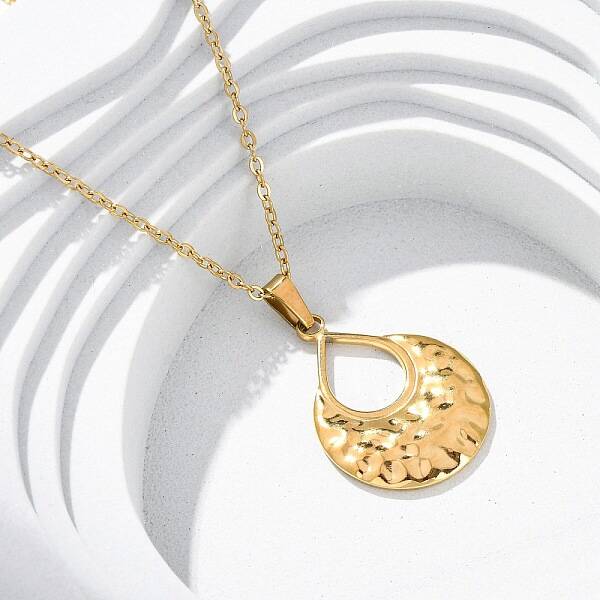 304 Stainless Steel Textured Hollow Teardrop Pendant Necklaces