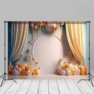 Floral White Wall Yellow Curtain Birthday Backdrop - Aperturee