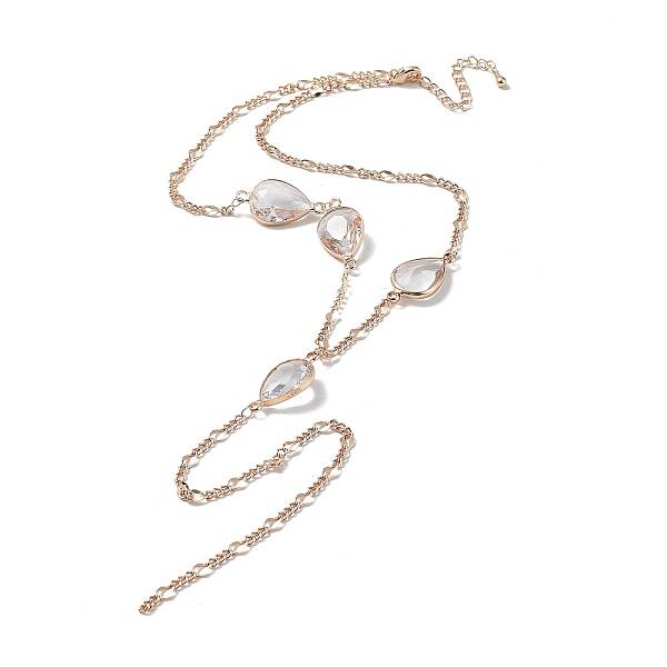 Glass Teardrop Lariat Necklaces with Brass Figaro Chains