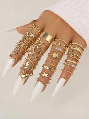 30pcs/set Women's Elegant Rhinestone Decorated Butterfly, Heart & Leaf Design Ring, Vintage Casual All-match Jewelry for Girl...