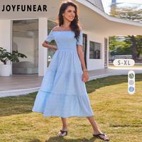 Joyfunear 2025 new summer Dresses Elegant Off Shoulder midi dress Short Sleeve Swing A Line Wedding guest Dress