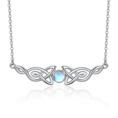 Sterling Silver Circular Shaped Moonstone Celtic Knot Pendant Necklace
