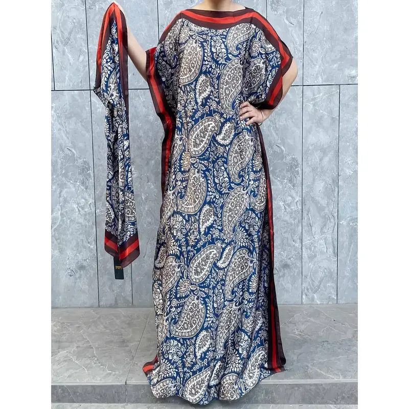 Elegant Plus Size Turkish Kaftan Dress with Matching Scarf - Navy Blue Paisley Pattern, Batwing Sleeves, Round Neck, Polyeste...